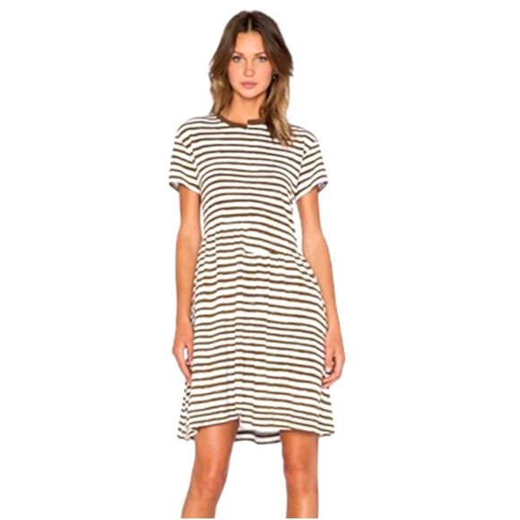 Marc By Marc Jacobs Olive Green Striped Short Sleeve Asymmetric Midi Tee Dress M - Picture 1 of 12